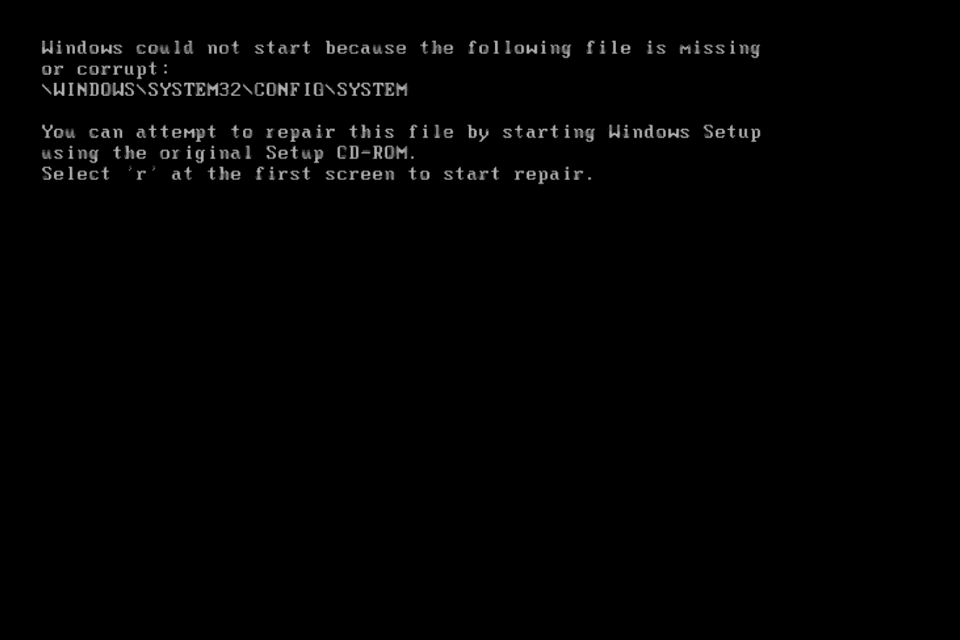 Remonto klaidos trūksta system32 / config / system sistemoje "Windows XP"