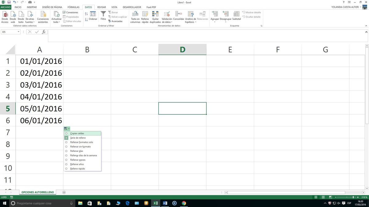 Opzioni di riempimento automatico in Excel che funzionano con gli elenchi di date.